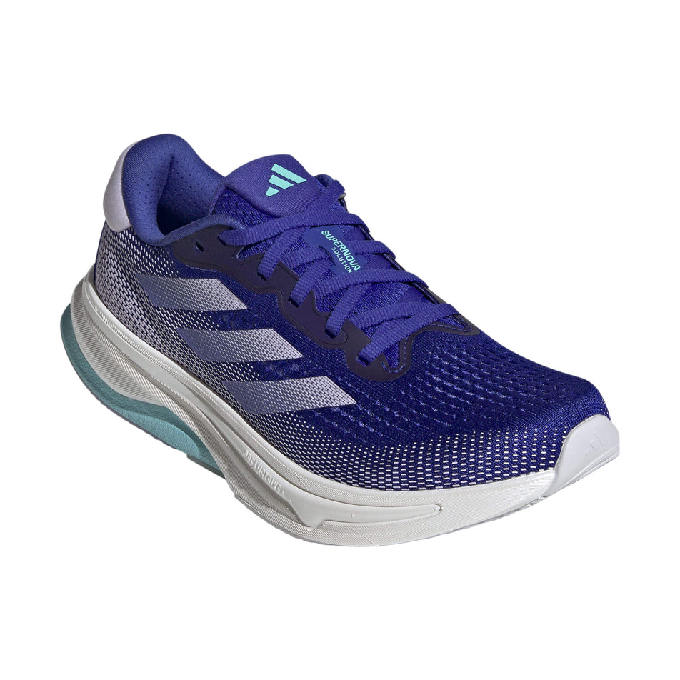 Lateral side of the right shoe from a pair of adidas Women's Supernova Solution Running Shoes in the Lucid Blue/Purple Tint/Flash Aqua colourway. (8472655724706)