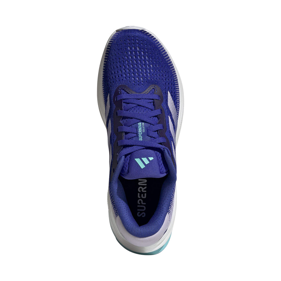 Upper of the right shoe from a pair of adidas Women's Supernova Solution Running Shoes in the Lucid Blue/Purple Tint/Flash Aqua colourway. (8472655724706)