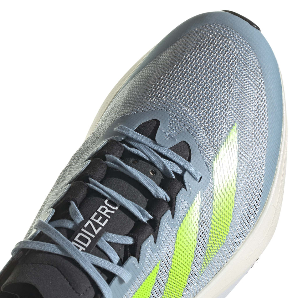 The front two-thirds of upper on the right shoe from a pair of adidas Men's Adizero Boston 12 Running Shoes in the Wonder Blue/Lucid Lemon/Carbon colourway (7969404715170)