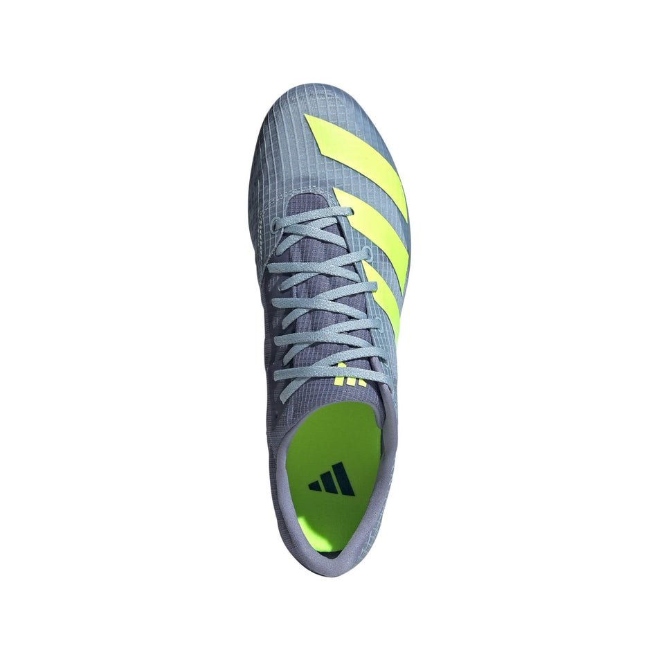 Upper of the right shoe from a pair of adidas Unisex Distancestar Distance Track Spikes in the Wonder Blue/Lucid Lemon/Silver Violet colourway (8015767404706)