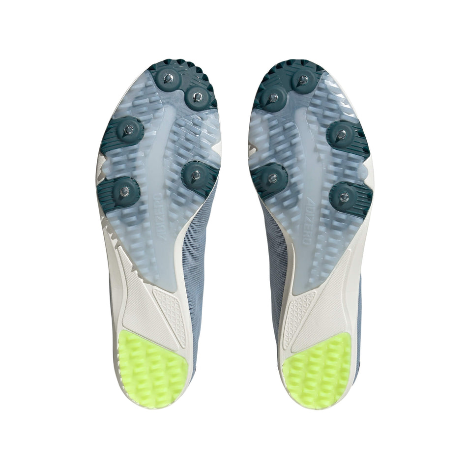 The outsoles on a pair of adidas unisex adizero XCS Running Spikes in the wonder blue/lucid lemon/arctic night colourway (8030093901986)