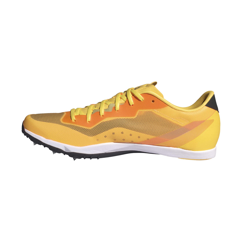 Medial side of the right shoe from a pair of adidas Unisex Distancestar Track Spikes in the spark/Core black/zero met. colourway (8404502937762)