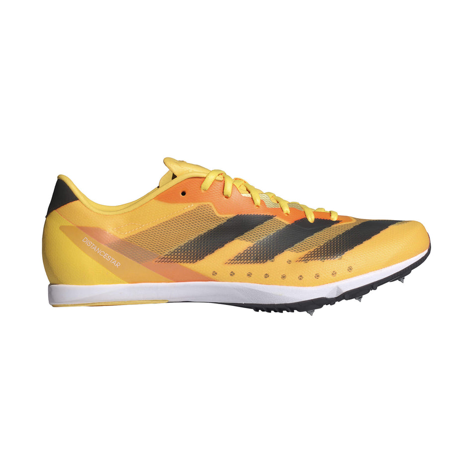Lateral side of the right shoe from a pair of adidas Unisex Distancestar Track Spikes in the spark/Core black/zero met. colourway (8404502937762)