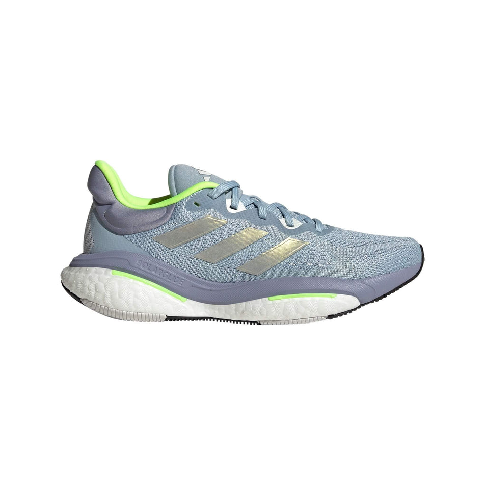 Lateral side of the right shoe from a pair of adidas Women's Solarglide 6 Running Shoes in the Wonder Blue/Lucid Lemon/Lucid Lemon colourway (7969220362402)