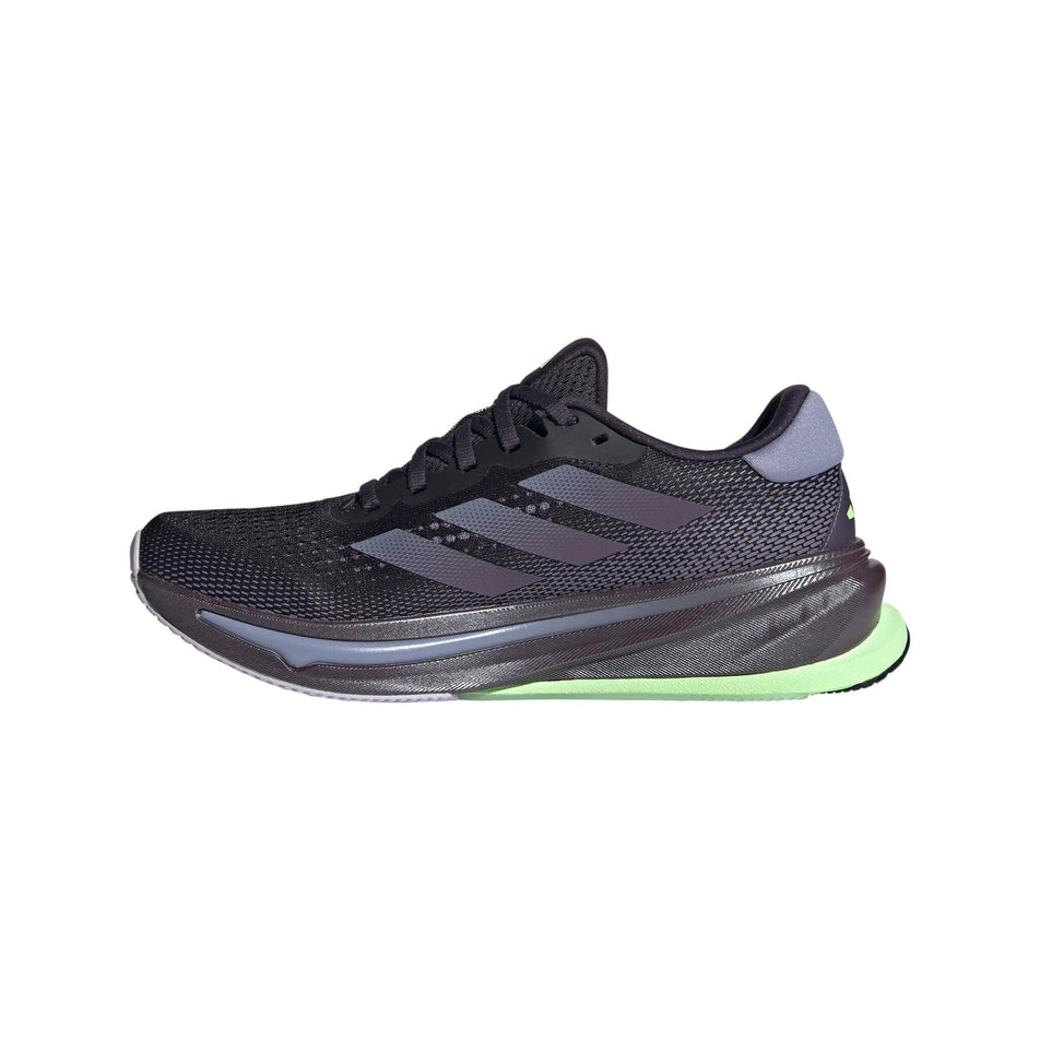 Medial side of the right shoe from a pair of adidas Women's Supernova Rise Running Shoes in the Aurora Black/Shadow Violet/Green Spark colourway (8115583025314)