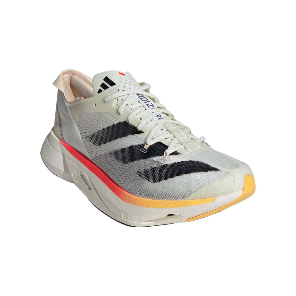 Lateral side of the right shoe from a pair of adidas Men's Adizero Adios Pro 3 Running Shoes in the Ivory/Core Black/Crystal Sand colourway (8193560674466)