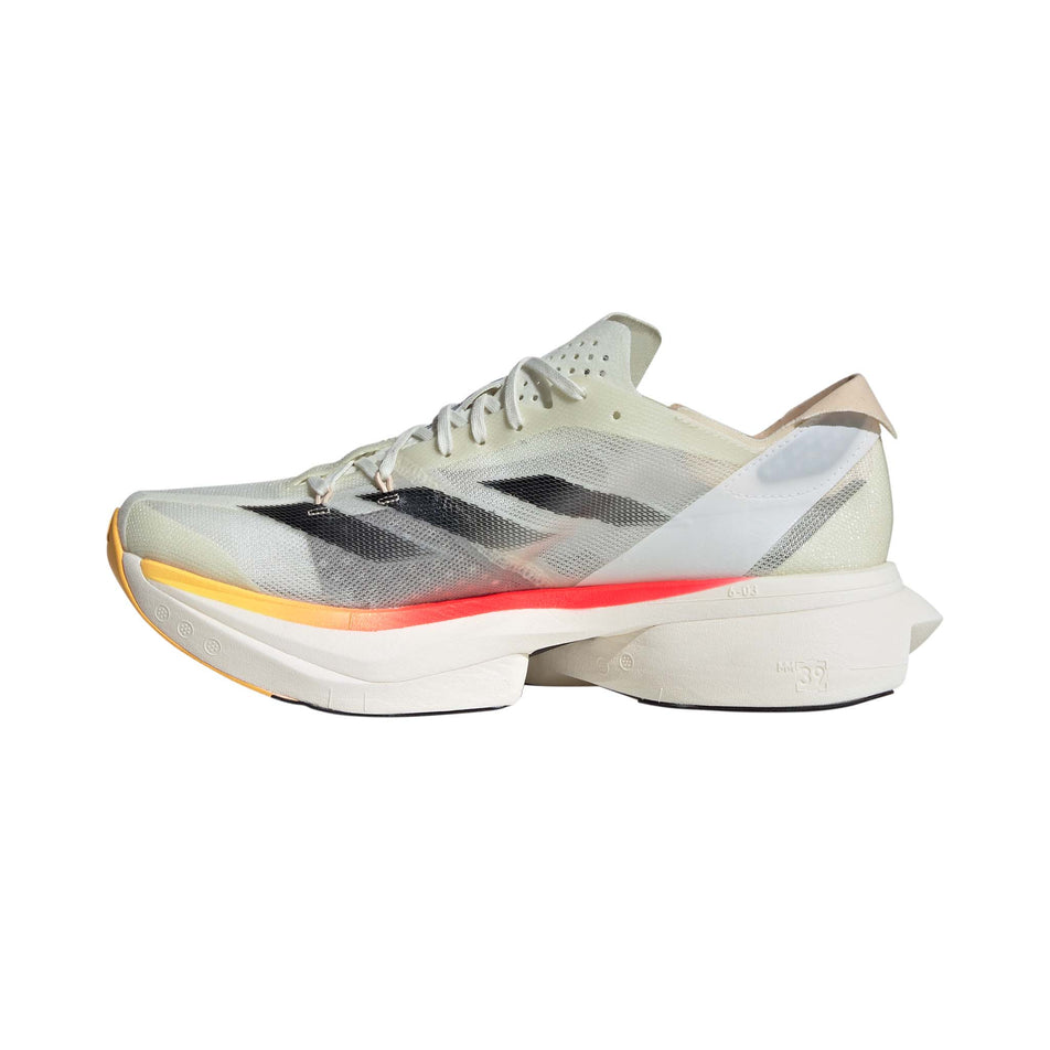 Medial side of the right shoe from a pair of adidas Men's Adizero Adios Pro 3 Running Shoes in the Ivory/Core Black/Crystal Sand colourway (8193560674466)