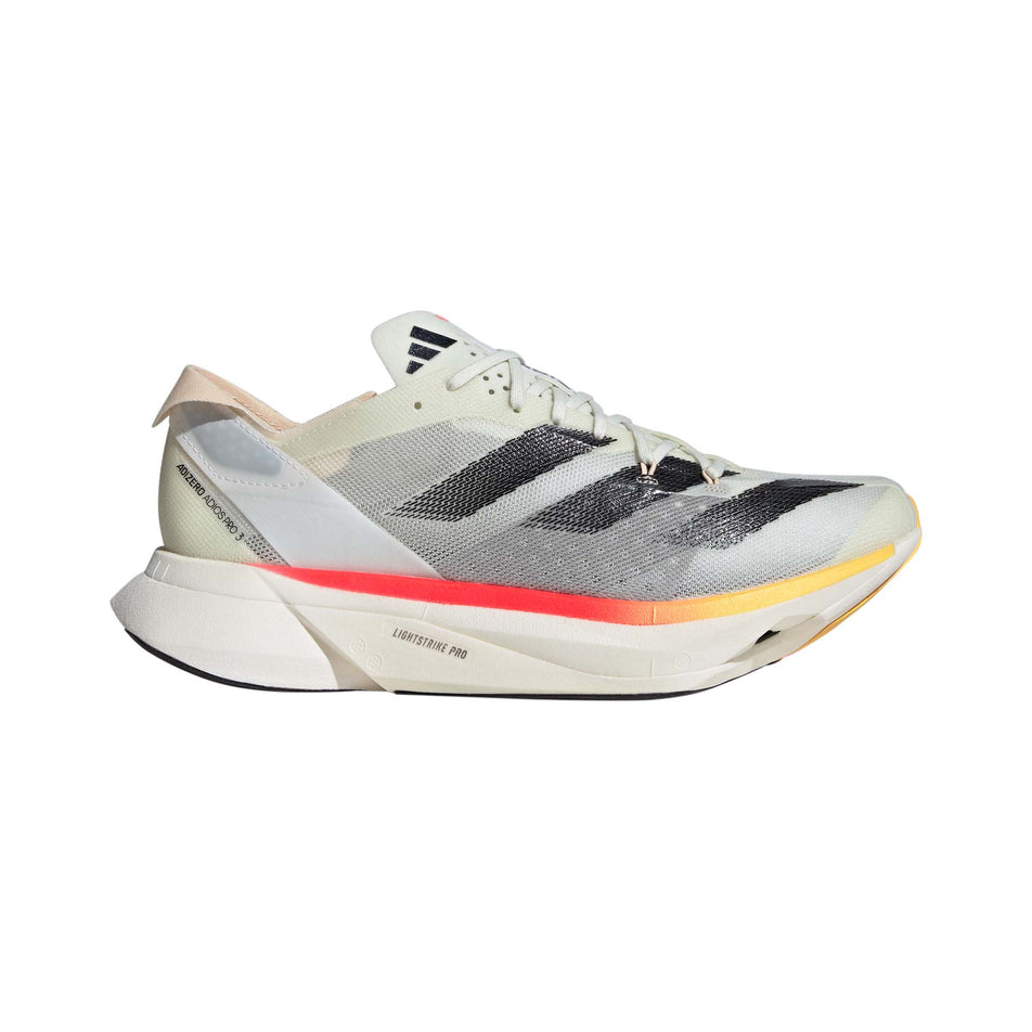 Lateral side of the right shoe from a pair of adidas Men's Adizero Adios Pro 3 Running Shoes in the Ivory/Core Black/Crystal Sand colourway  (8193560674466)