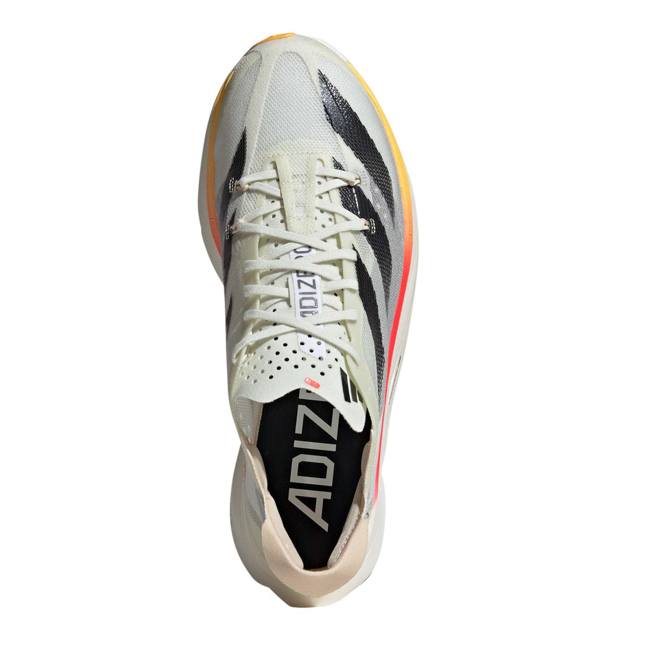 The upper of the right shoe from a pair of adidas Men's Adizero Adios Pro 3 Running Shoes in the Ivory/Core Black/Crystal Sand colourway (8193560674466)
