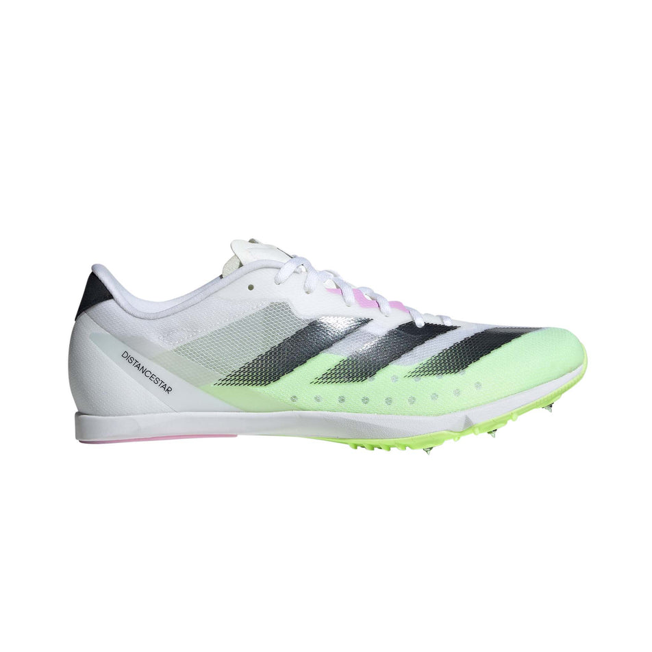 Lateral side of the right shoe from a pair of adidas Unisex Distancestar Track Spikes in the Ftwr White/Core Black/Green Spark colourway (8115585450146)