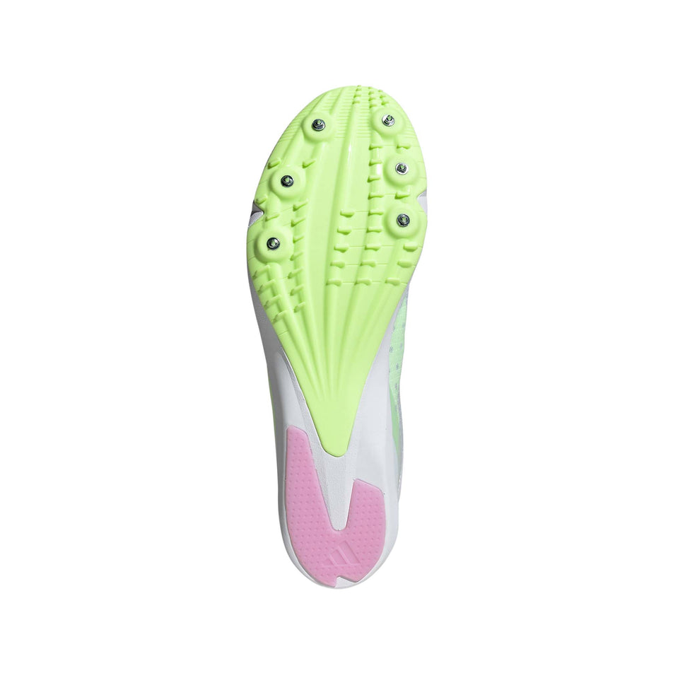 Outsole of the right shoe from a pair of adidas Unisex Distancestar Track Spikes in the Ftwr White/Core Black/Green Spark colourway (8115585450146)