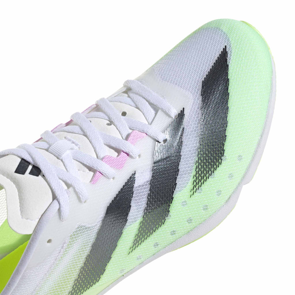 Lateral side of front two-thirds of the right shoe from a pair of adidas Unisex Distancestar Track Spikes in the Ftwr White/Core Black/Green Spark colourway (8115585450146)