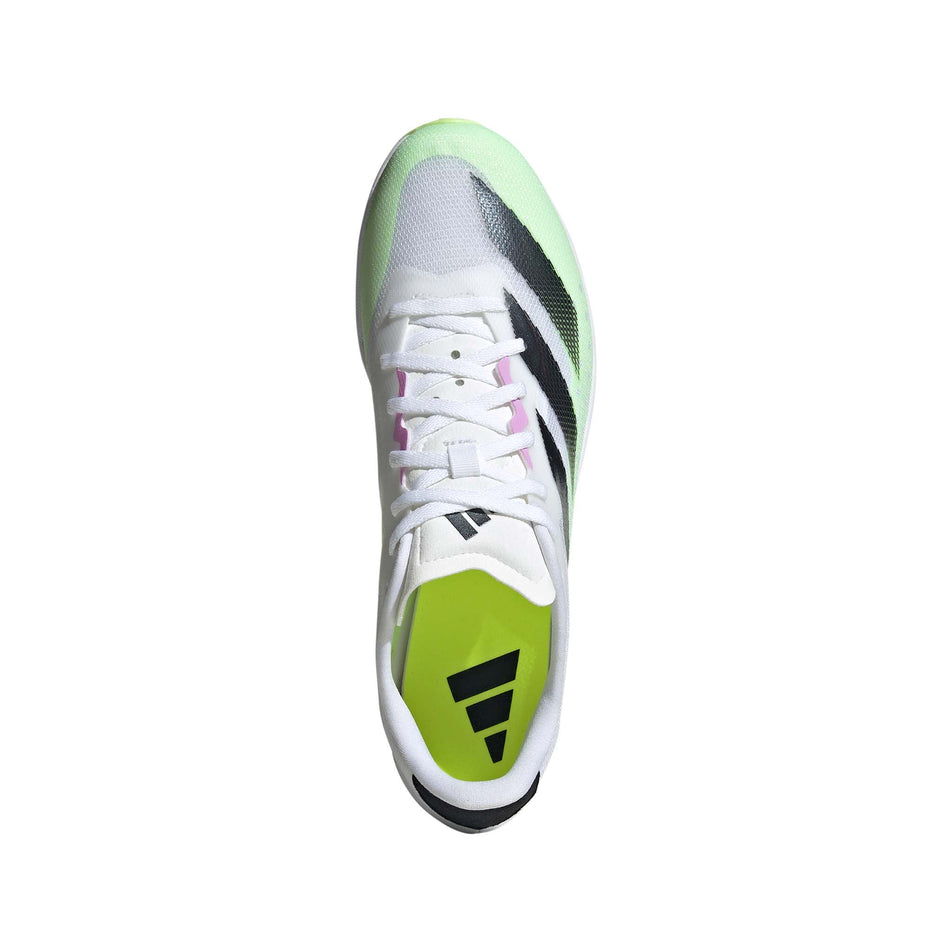 The upper of the right shoe from a pair of adidas Unisex Distancestar Track Spikes in the Ftwr White/Core Black/Green Spark colourway (8115585450146)