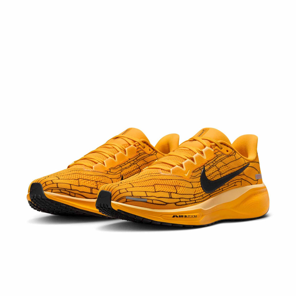 A pair of Nike Men's Pegasus 41 LV8 Road Running Shoes in the University Gold/Black-Soft Yellow colourway. (8712397717666)