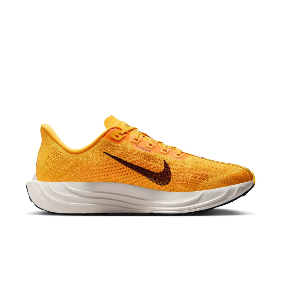 Medial view of the left shoe from a pair of Nike Men's Pegasus Plus LV8 Road Running Shoes in the University Gold/Black-Laser Orange Sail colourway. (8684355584162)
