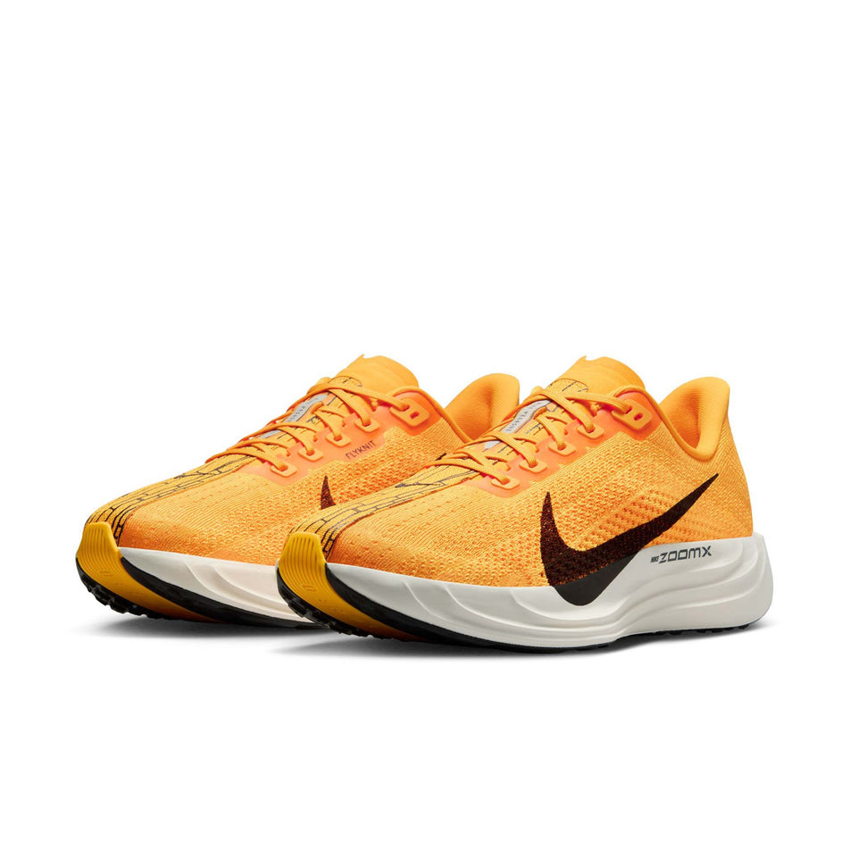 A pair of Nike Men's Pegasus Plus LV8 Road Running Shoes in the University Gold/Black-Laser Orange Sail colourway. (8684355584162)