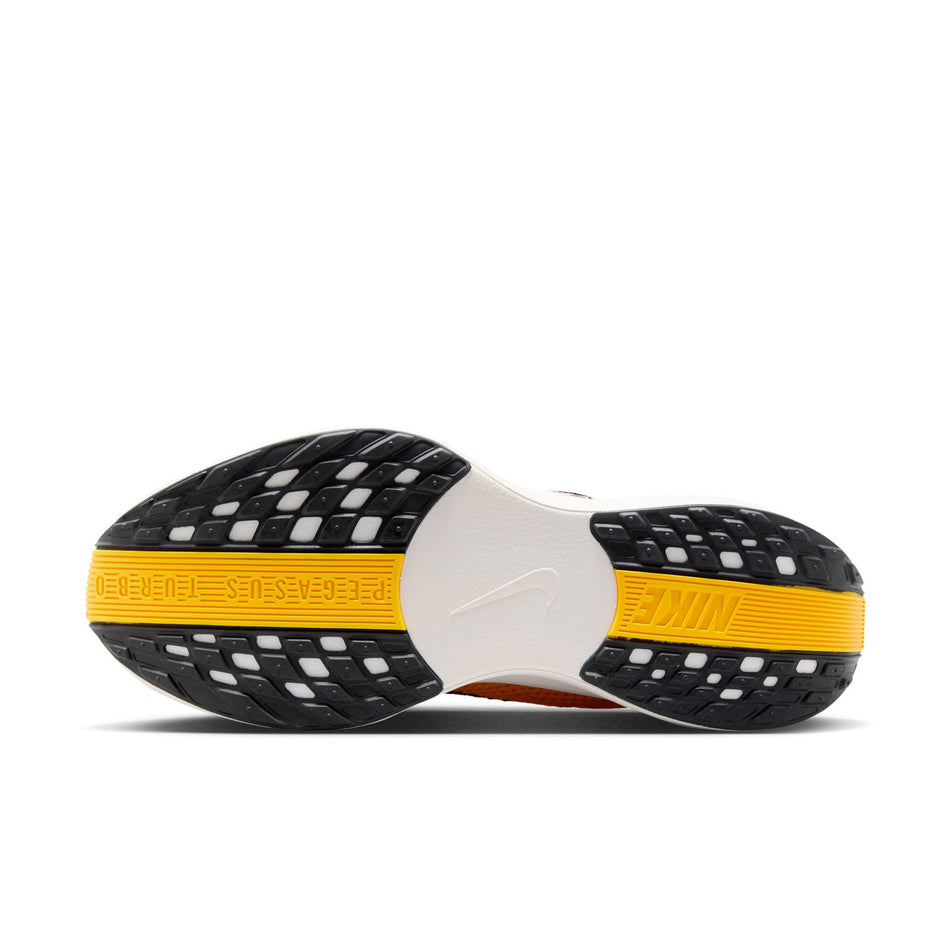 The outsole of the left shoe from a pair of Nike Men's Pegasus Plus LV8 Road Running Shoes in the University Gold/Black-Laser Orange Sail colourway. (8684355584162)