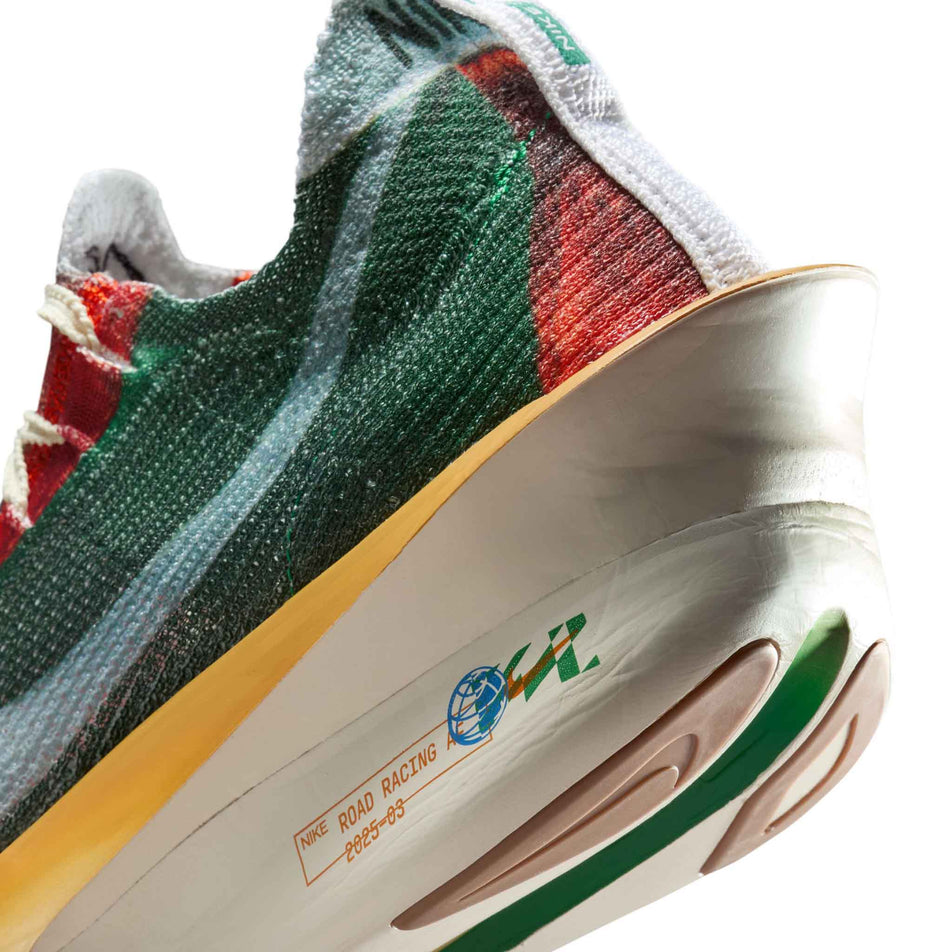 Close-up view of the lateral side of the left shoe from a pair of Nike Men's Alphafly 3 Premium Road Racing Shoes in the Multi-Color/Clear-Starfish-Aloe Verde colourway. (8723627344034)