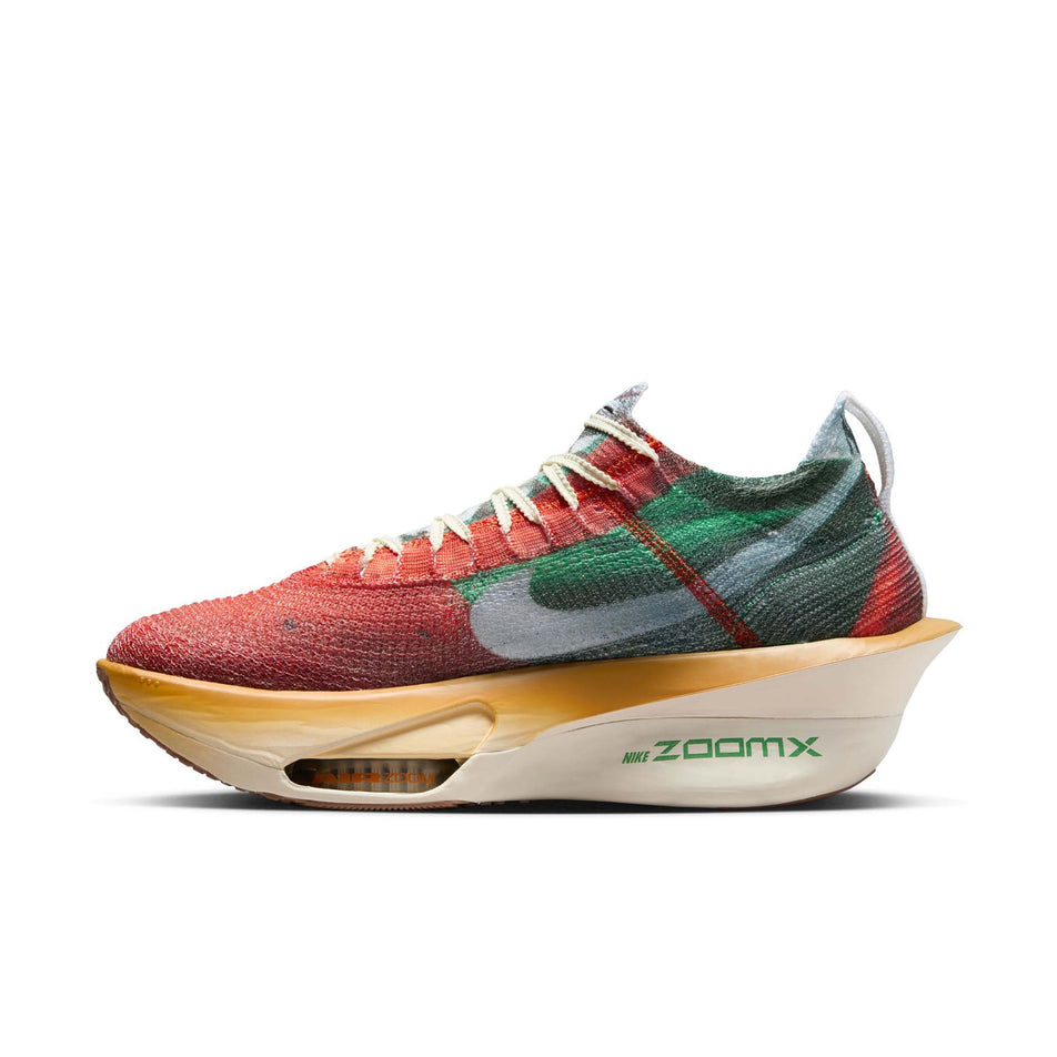 Medial view of the right shoe from a pair of Nike Men's Alphafly 3 Premium Road Racing Shoes in the Multi-Color/Clear-Starfish-Aloe Verde colourway. (8723627344034)