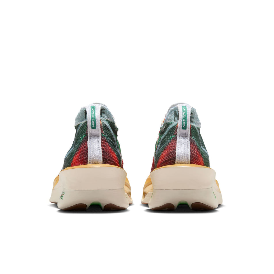 The back of a pair of Nike Men's Alphafly 3 Premium Road Racing Shoes in the Multi-Color/Clear-Starfish-Aloe Verde colourway. (8723627344034)
