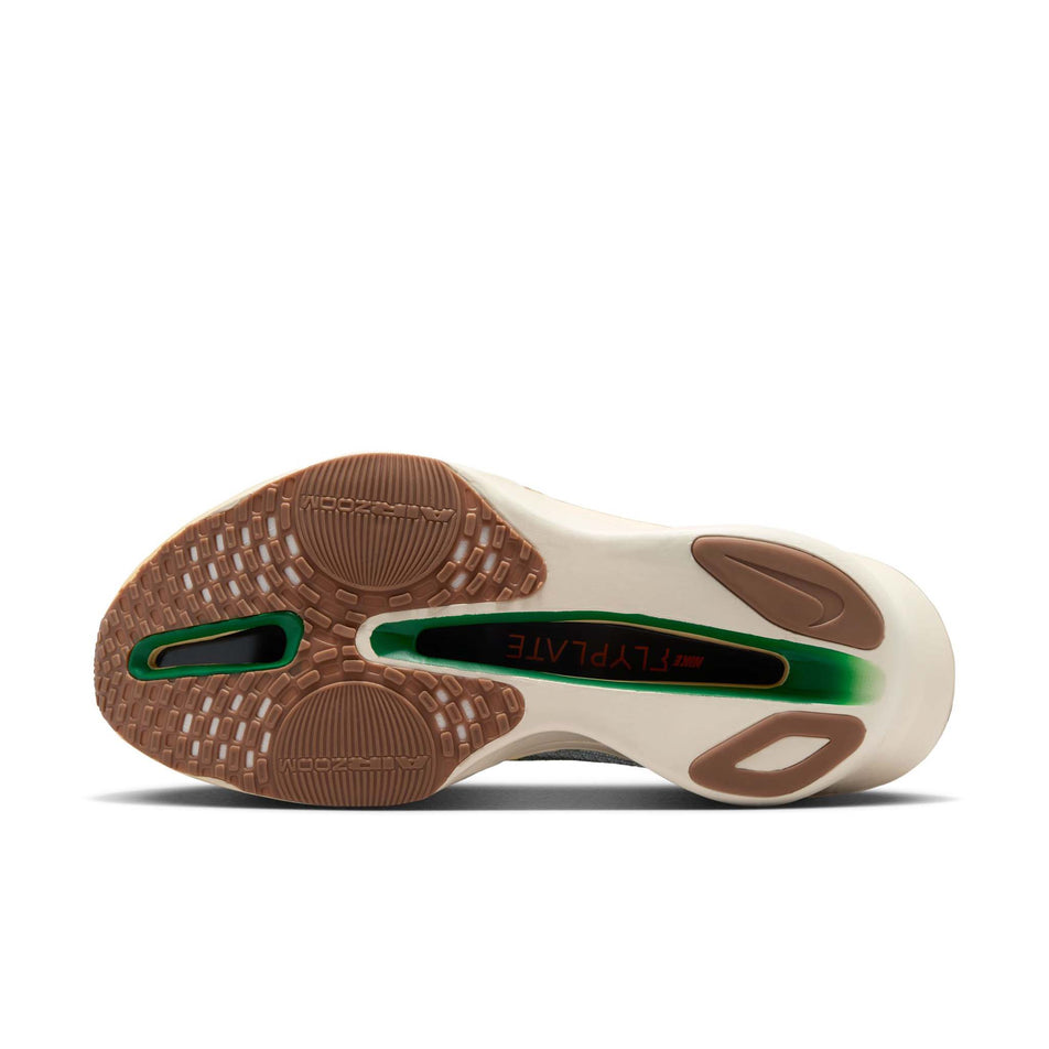 The outsole of the left shoe from a pair of Nike Men's Alphafly 3 Premium Road Racing Shoes in the Multi-Color/Clear-Starfish-Aloe Verde colourway. (8723627344034)