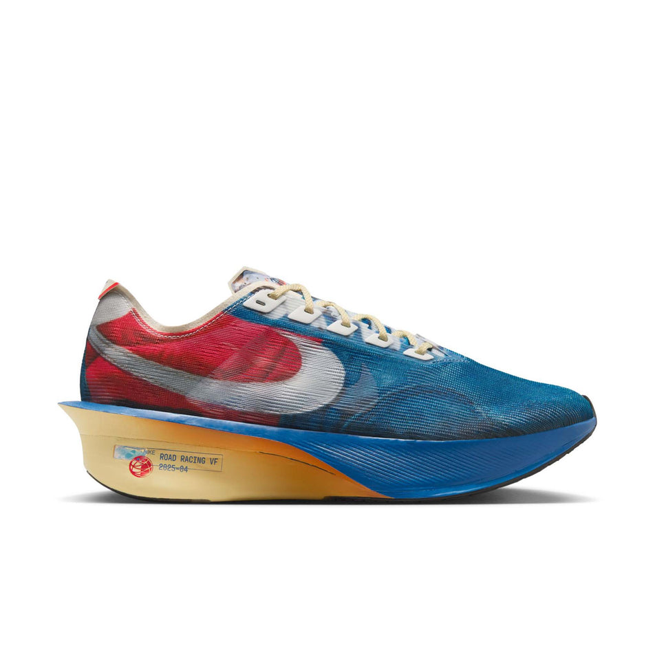 Lateral view of the right shoe from a pair of Nike Men's Vaporfly 4 Premium Road Racing Shoes in the Multi-Color/Clear-Mountain Blue-Fire Red colourway. (8723630260386)