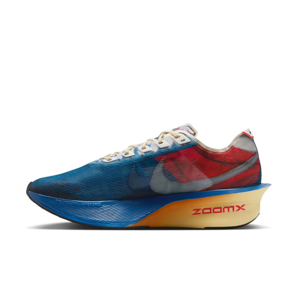 Medial view of the right shoe from a pair of Nike Men's Vaporfly 4 Premium Road Racing Shoes in the Multi-Color/Clear-Mountain Blue-Fire Red colourway. (8723630260386)
