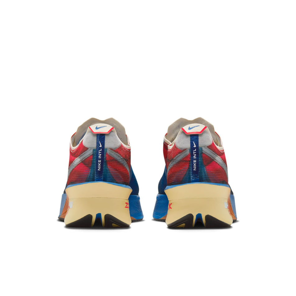 The back of a pair of Nike Men's Vaporfly 4 Premium Road Racing Shoes in the Multi-Color/Clear-Mountain Blue-Fire Red colourway. (8723630260386)
