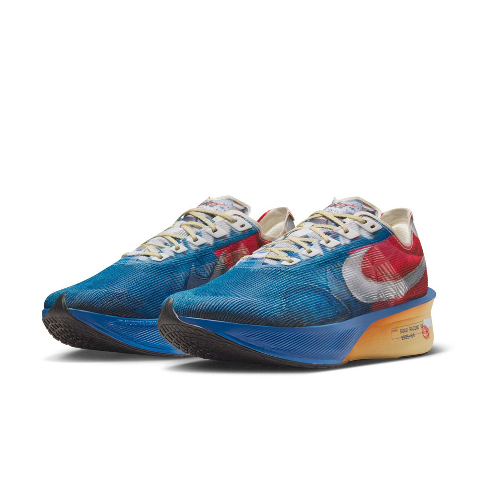 A pair of Nike Men's Vaporfly 4 Premium Road Racing Shoes in the Multi-Color/Clear-Mountain Blue-Fire Red colourway. (8723630260386)