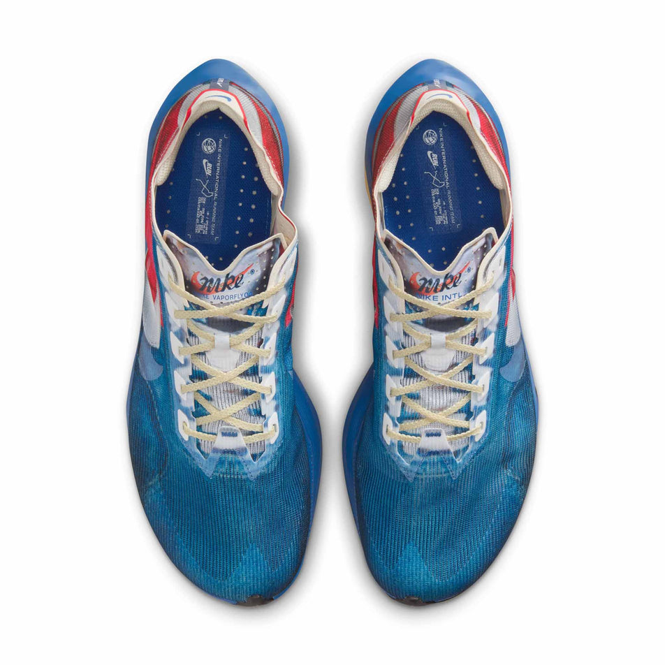 The uppers of a pair of Nike Men's Vaporfly 4 Premium Road Racing Shoes in the Multi-Color/Clear-Mountain Blue-Fire Red colourway. (8723630260386)