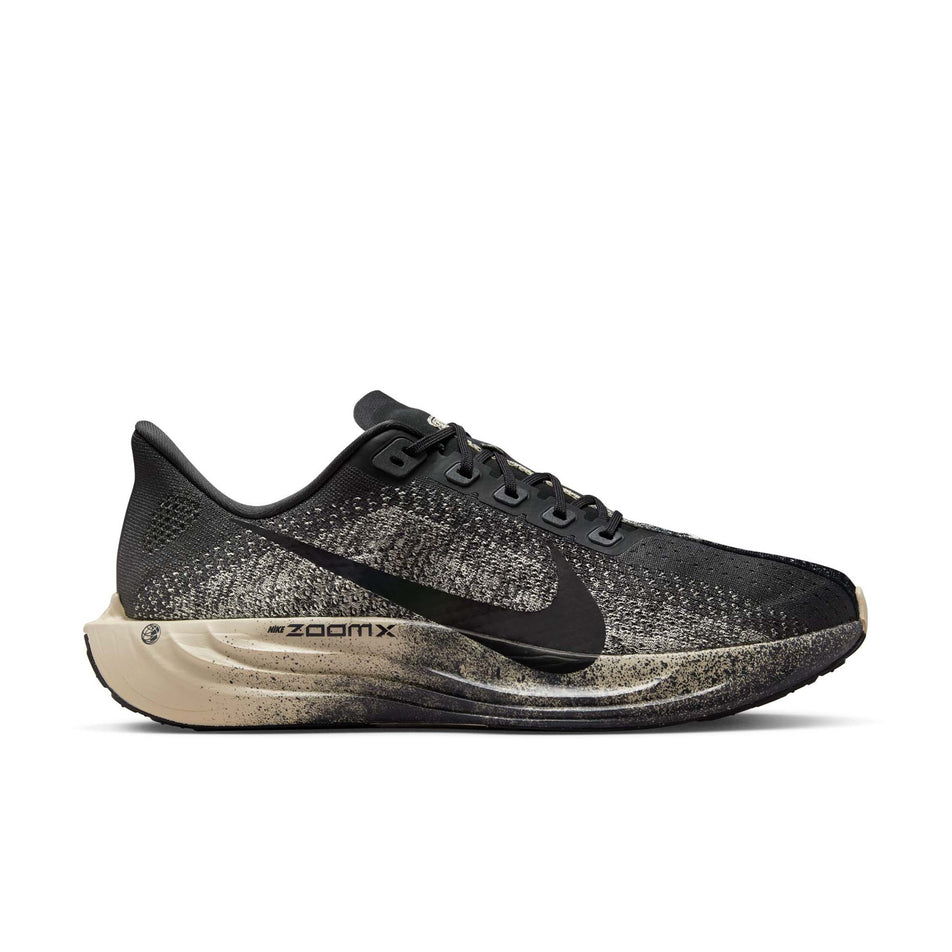 Lateral view of the right shoe from a pair of Nike Men's Pegasus Plus Road Running Shoes in the Oatmeal/Black-Anthracite-Volt colourway. (8683765563554)