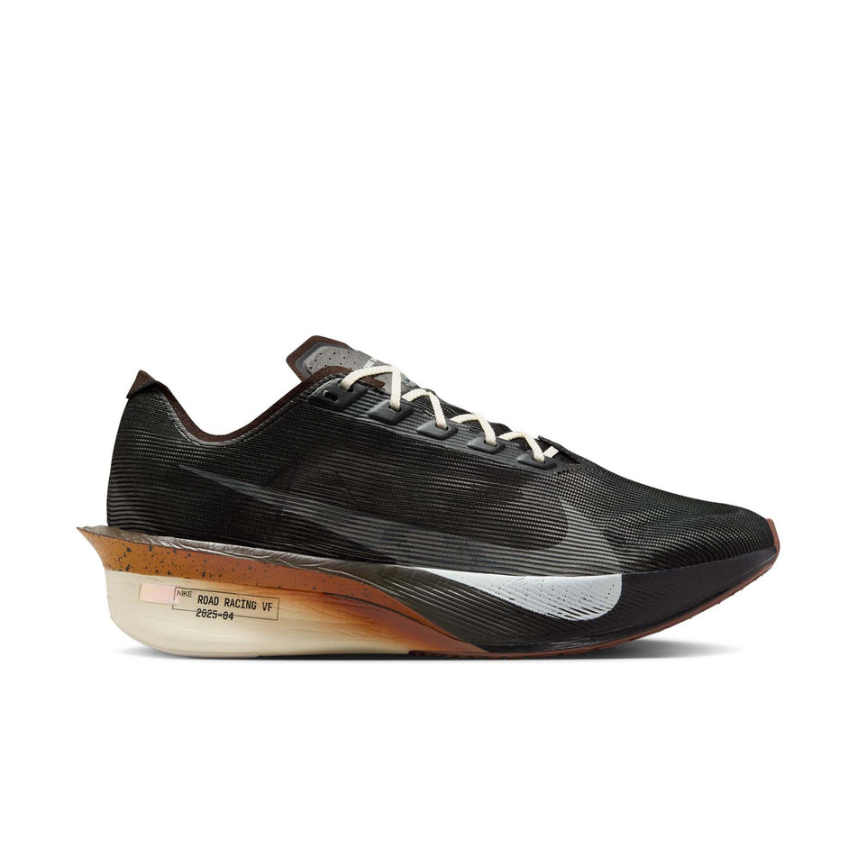 Lateral view of the right shoe from a pair of Nike Men's Vaporfly 4 Road Racing Shoes in the Velvet Brown/Soft Pearl-Black colourway. (8723634094242)