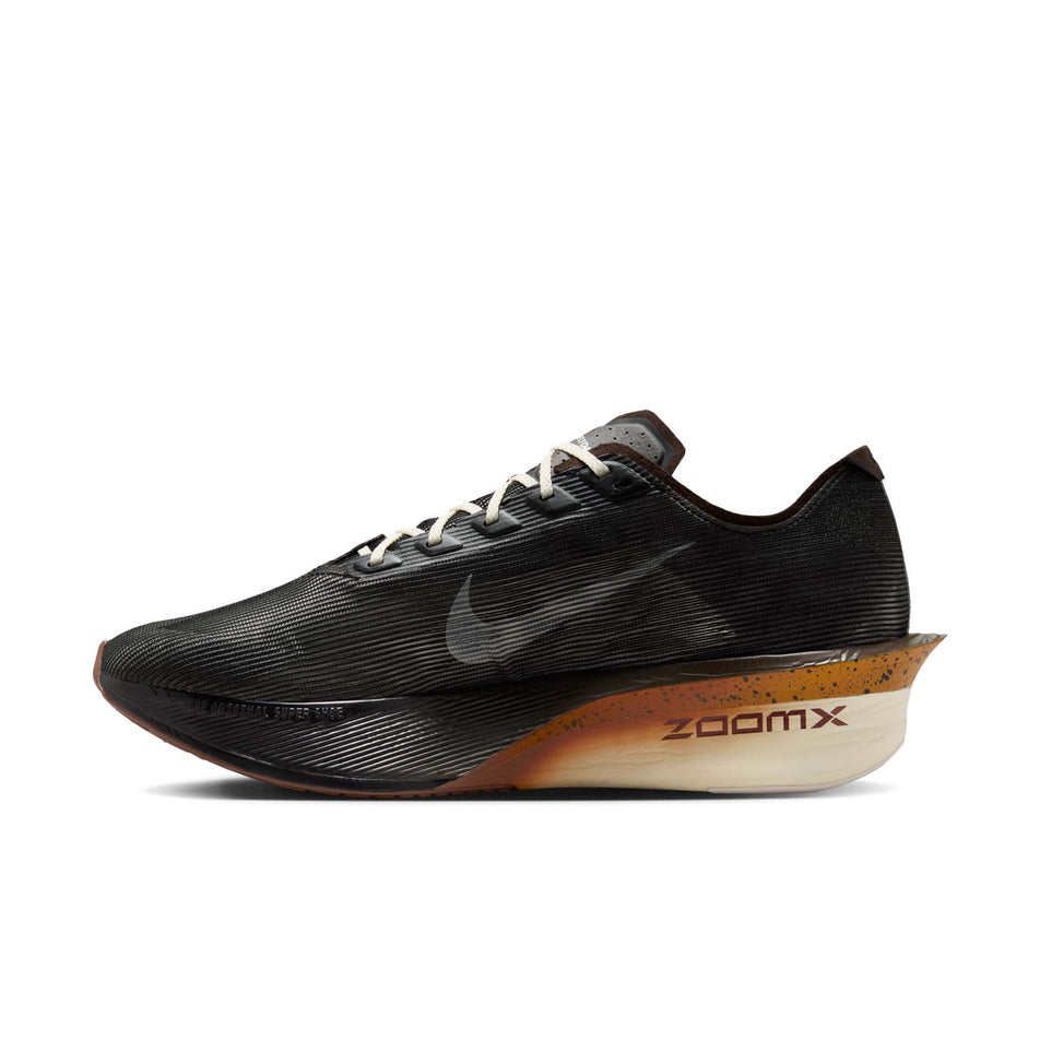 Medial view of the right shoe from a pair of Nike Men's Vaporfly 4 Road Racing Shoes in the Velvet Brown/Soft Pearl-Black colourway. (8723634094242)