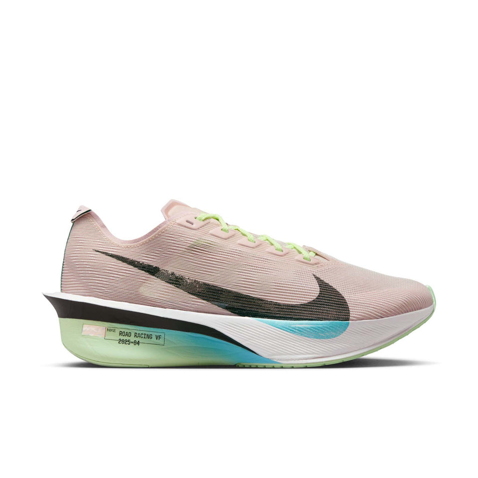 Lateral view of the right shoe from a pair of Nike Women's Vaporfly 4 Road Racing Shoes in the Silt Red/Black-Barely Volt-Pearl Pink colourway. (8724620476578)