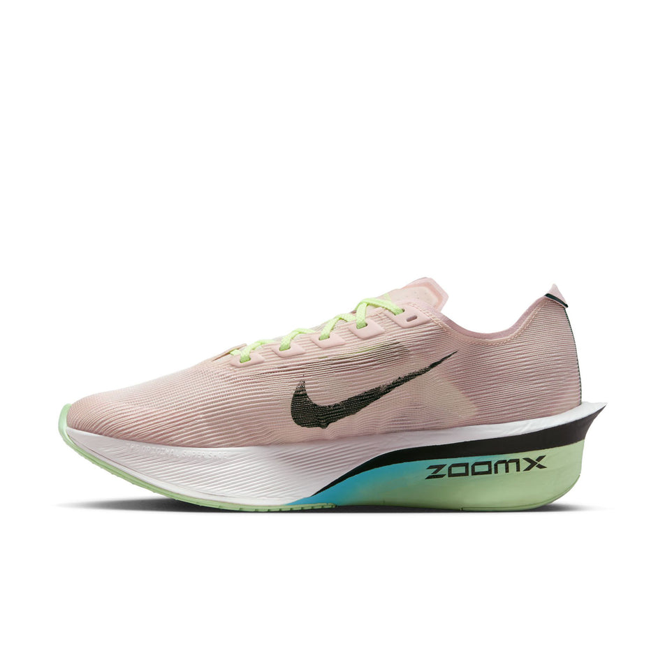 Medial view of the right shoe from a pair of Nike Women's Vaporfly 4 Road Racing Shoes in the Silt Red/Black-Barely Volt-Pearl Pink colourway. (8724620476578)