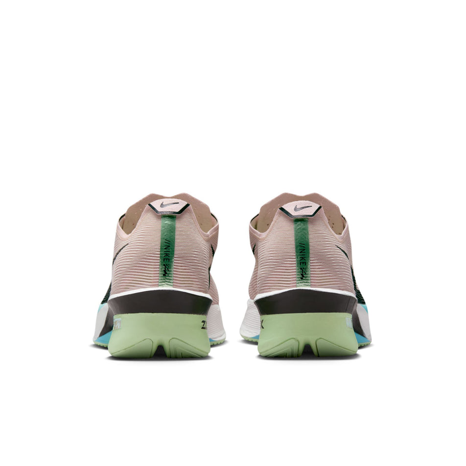 The back of a pair of Nike Women's Vaporfly 4 Road Racing Shoes in the Silt Red/Black-Barely Volt-Pearl Pink colourway. (8724620476578)