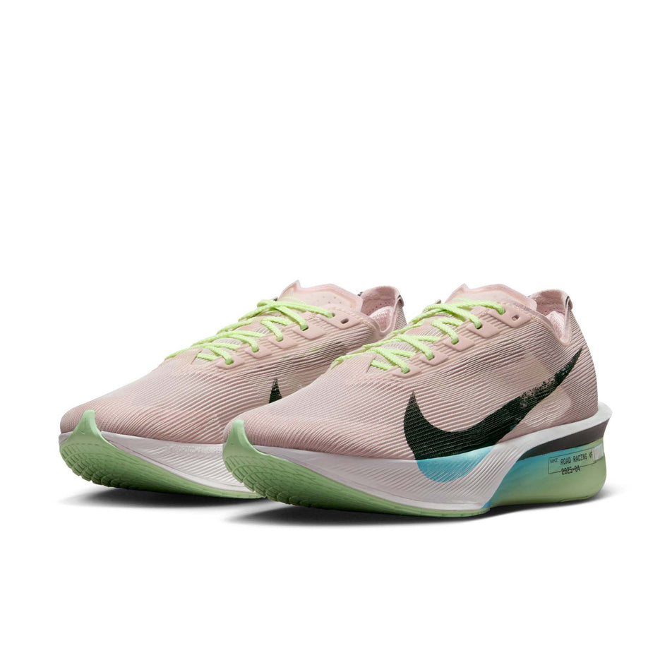 A pair of Nike Women's Vaporfly 4 Road Racing Shoes in the Silt Red/Black-Barely Volt-Pearl Pink colourway. (8724620476578)