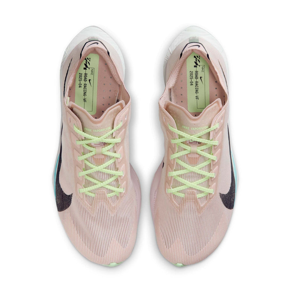 The uppers of a pair of Nike Women's Vaporfly 4 Road Racing Shoes in the Silt Red/Black-Barely Volt-Pearl Pink colourway. (8724620476578)