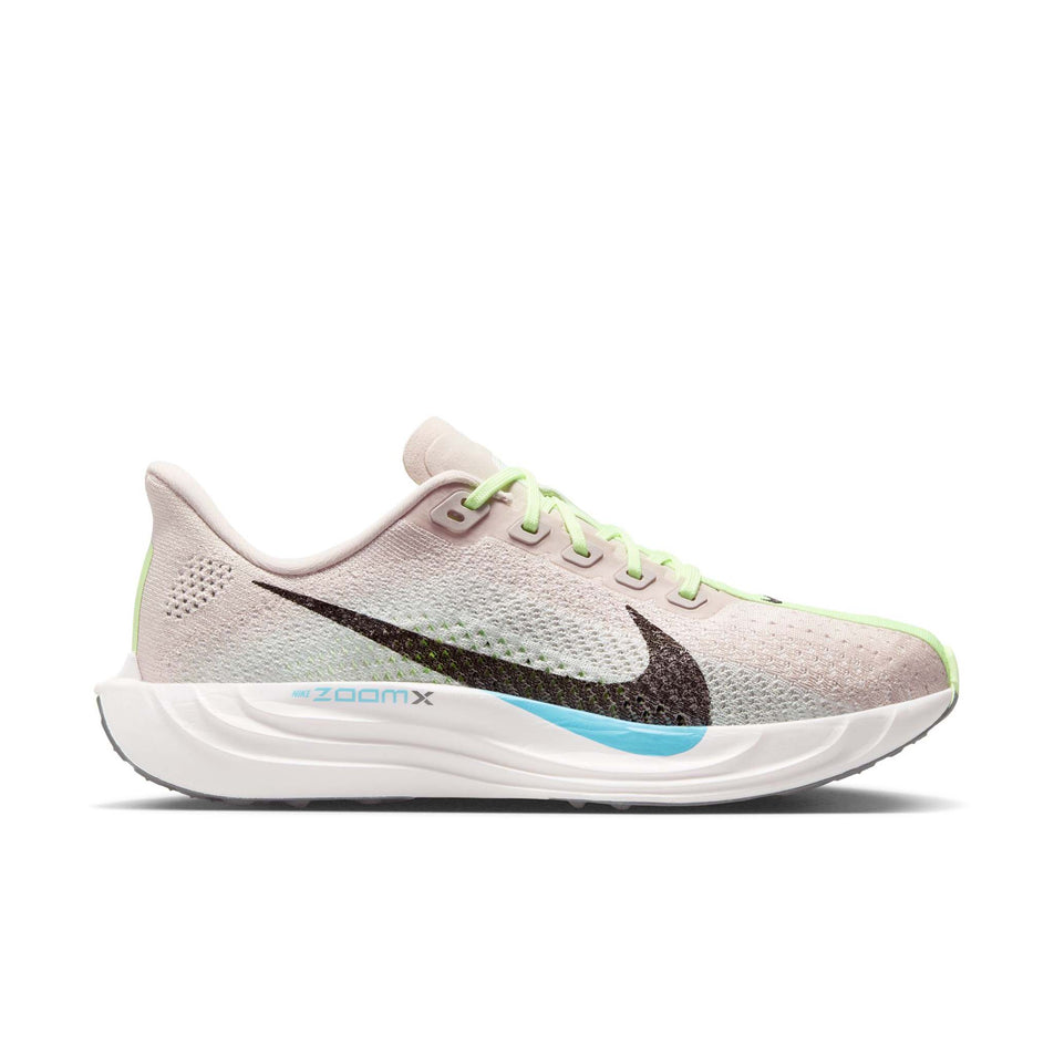 Lateral view of the right shoe from a pair of Nike Women's Pegasus Plus Road Running Shoes in the Silt Red/Black-Barely Volt-Platinum Tint colourway. (8724641415330)