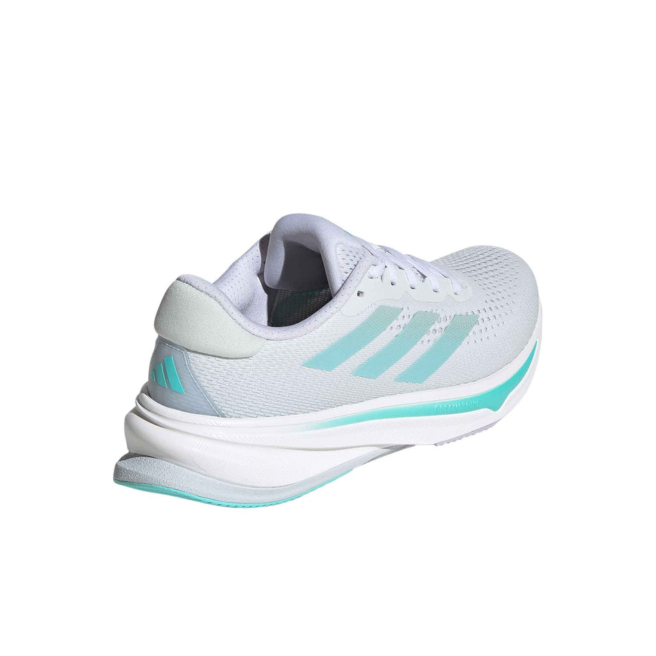 Lateral side of the right shoe from a pair of adidas women's Supernova Rise Running Shoes in the Ftwr White/Linen Green Met./Flash Aqua colourway (8339206406306)