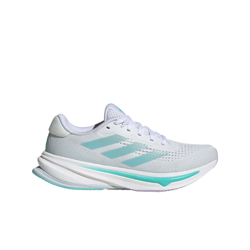 Lateral side of the right shoe from a pair of adidas women's Supernova Rise Running Shoes in the Ftwr White/Linen Green Met./Flash Aqua colourway (8339206406306)