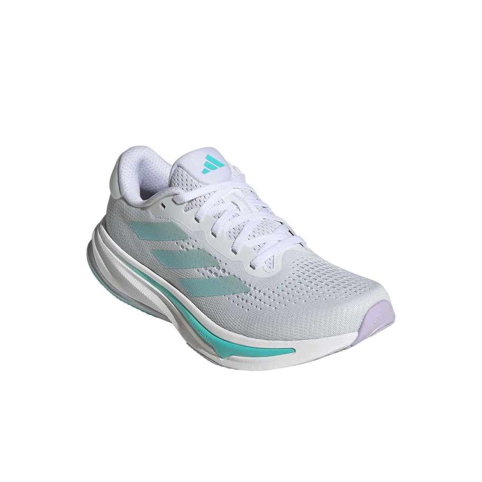 Lateral side of the right shoe from a pair of adidas women's Supernova Rise Running Shoes in the Ftwr White/Linen Green Met./Flash Aqua colourway (8339206406306)