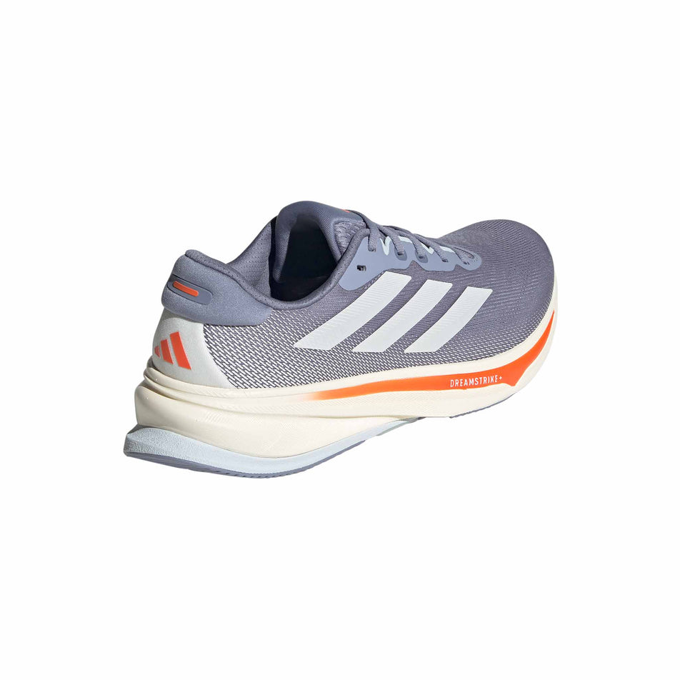 Lateral view of the right shoe from a pair of adidas Men's Supernova Rise 2 Running Shoes in the Silver Violet/Zero Met./Impact Orange colourway. (8618631397538)
