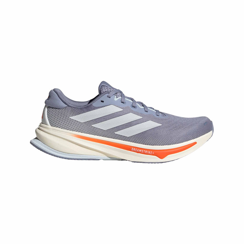 Lateral view of the right shoe from a pair of adidas Men's Supernova Rise 2 Running Shoes in the Silver Violet/Zero Met./Impact Orange colourway. (8618631397538)