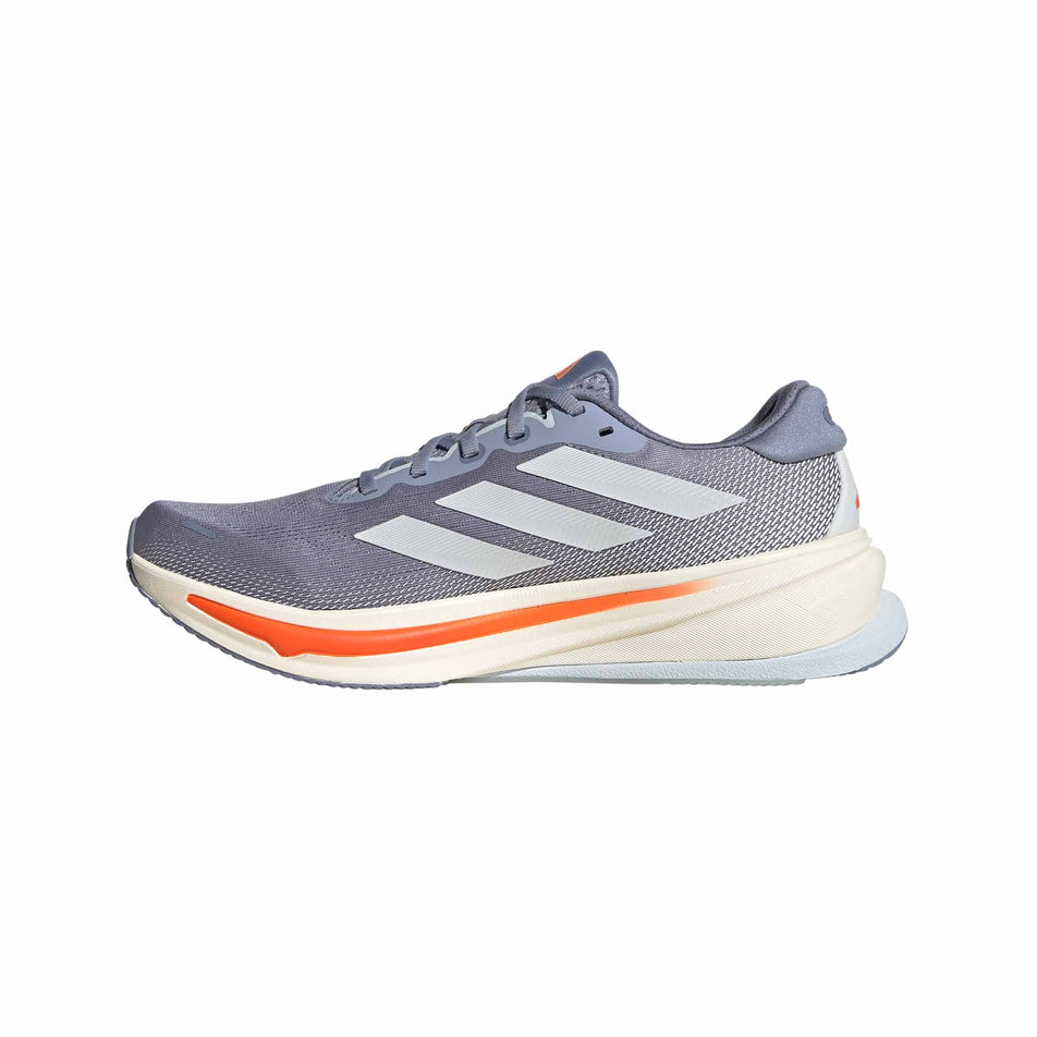 Medial view of the right shoe from a pair of adidas Men's Supernova Rise 2 Running Shoes in the Silver Violet/Zero Met./Impact Orange colourway. (8618631397538)