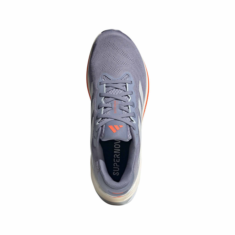 The upper of the right shoe from a pair of adidas Men's Supernova Rise 2 Running Shoes in the Silver Violet/Zero Met./Impact Orange colourway. (8618631397538)