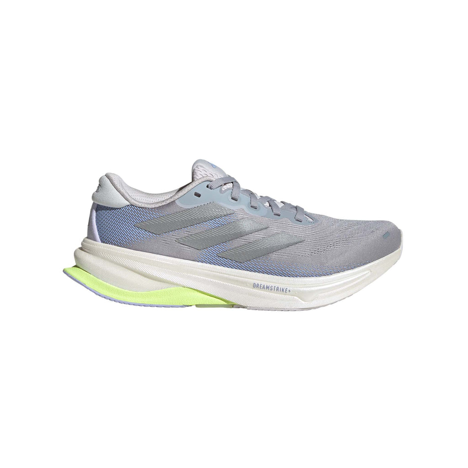 Lateral view of the right shoe from a pair of adidas Women's Supernova Solution 2 Running Shoes in the Halo Silver/Silver Met./Violet Tone colourway. (8635083751586)