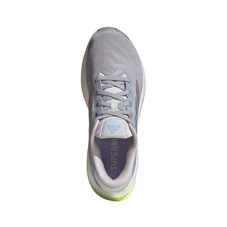 The upper of the right shoe from a pair of adidas Women's Supernova Solution 2 Running Shoes in the Halo Silver/Silver Met./Violet Tone colourway. (8635083751586)