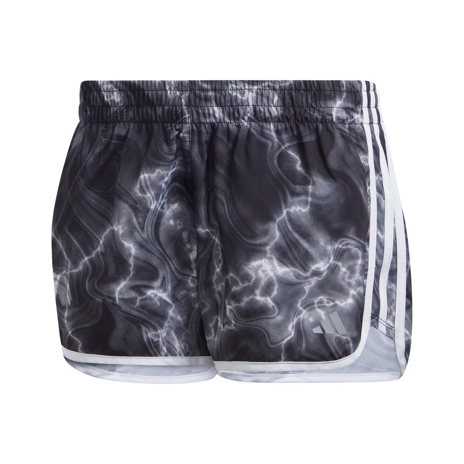 Front view of a pair of adidas Women's Marathon 20 Allover Print Shorts in the White/Black/Grey Six colourway (8005354291362)