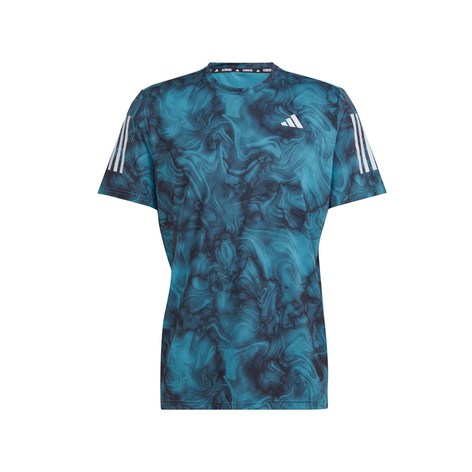 Front of an adidas Men's Own the Run Allover Print T-Shirt in the Arctic Fusion/Black colourway (8005310611618)